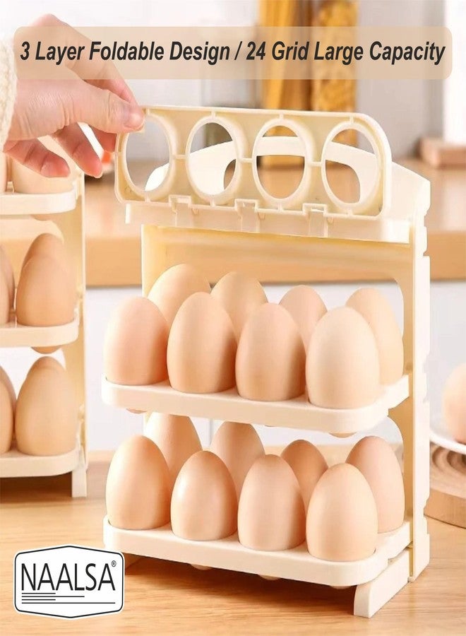 NAALSA SUNNY Egg tray for fridge, 24 Eggs Capacity, 3-Layer Stackable Organizer, Foldable Design, egg box, egg basket, egg holder (IVORY COLOR) - Image 3
